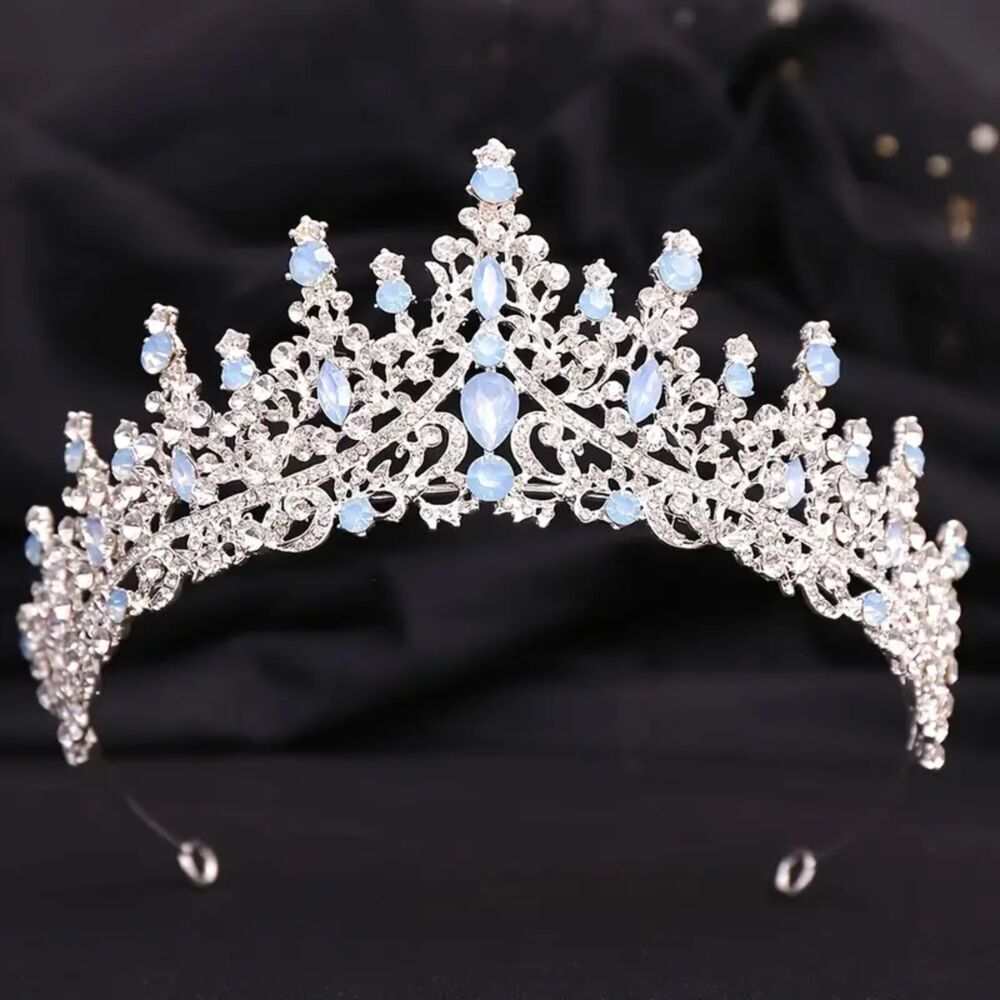 Wicked Silk Prom, Quinceanera Jeweled Crown Tiara Headband - Silver Light Blue